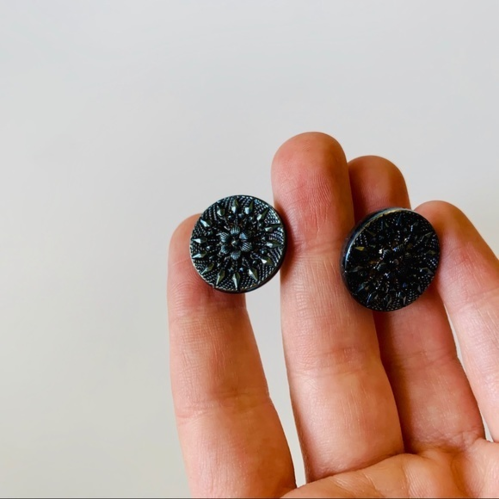 Vintage Glass Button Earrings Silver Black Floral Metallic Studs